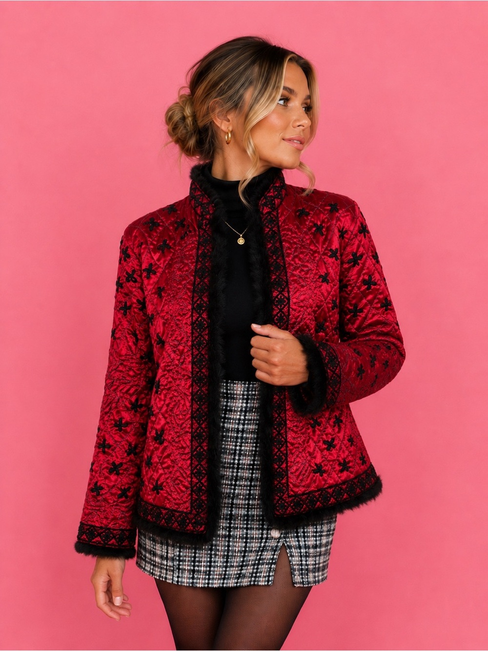Vintage Mirasol Red Embroidered Teddy Jacket with Black Faux Fur Asian Style
